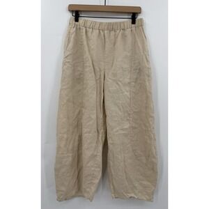 Lintico Pants Womens Medium Beige Wide Leg Crop Linen Pull On Beach Boho Preppy